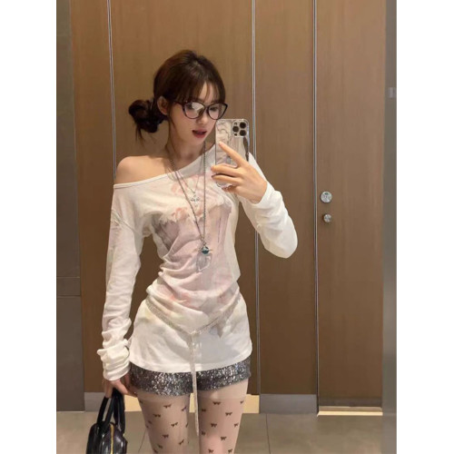 美式復古創意印花微透長袖t恤女夏季修身小個子防曬罩衫顯瘦上衣