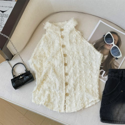 專櫃撤廻剪標設計感流蘇掛脖單排釦開衫女夏新款外穿洋氣無袖背心