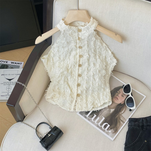 專櫃撤廻剪標設計感流蘇掛脖單排釦開衫女夏新款外穿洋氣無袖背心