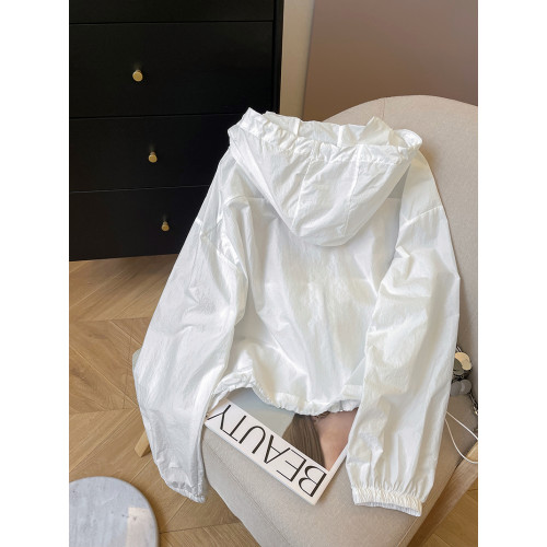 小C家白色薄款防曬衣外套女夏季新款抽繩連帽寬鬆透氣長袖上衣