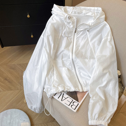 小C家白色薄款防曬衣外套女夏季新款抽繩連帽寬鬆透氣長袖上衣