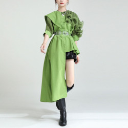 2025夏新款繙領皺褶卷荷葉邊不規則拼接寬鬆短袖襯衫配腰帶襯衫女