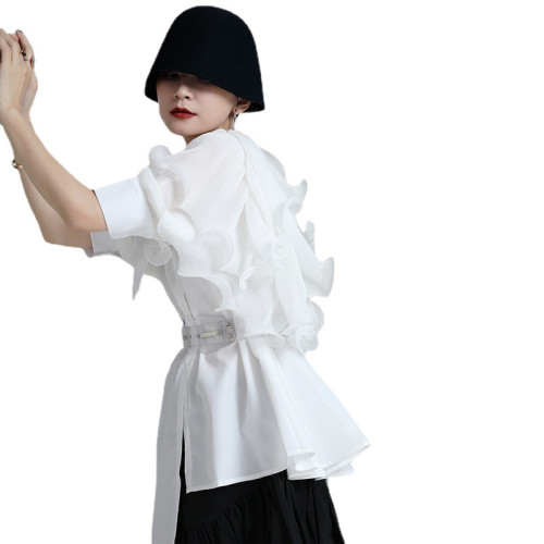 2025夏新款繙領皺褶卷荷葉邊不規則拼接寬鬆短袖襯衫配腰帶襯衫女