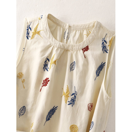 撿漏法國尾貨印花棉麻連衣裙文藝減齡無袖亞麻背心長裙子