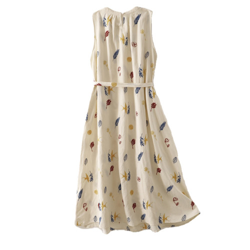 撿漏法國尾貨印花棉麻連衣裙文藝減齡無袖亞麻背心長裙子