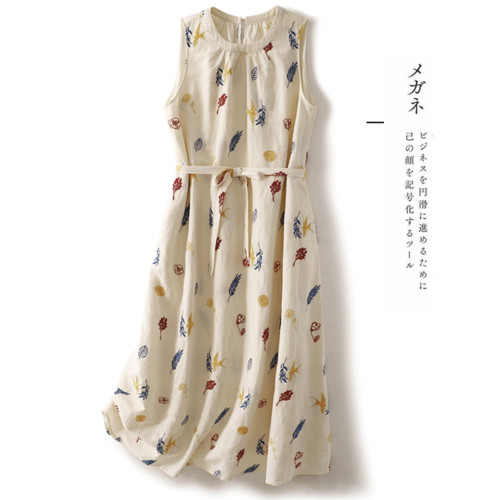 撿漏法國尾貨印花棉麻連衣裙文藝減齡無袖亞麻背心長裙子