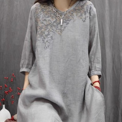 2025年夏季新款復古棉麻刺綉襯衫女士薄款寬鬆小衆開叉中長款上衣