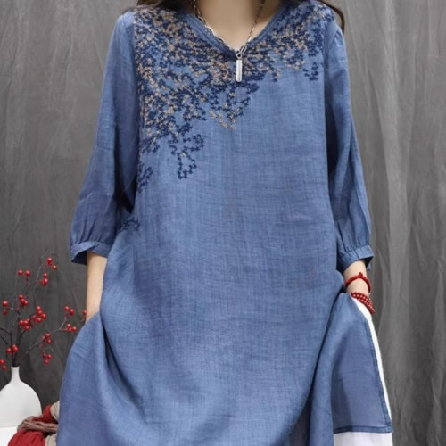 2025年夏季新款復古棉麻刺綉襯衫女士薄款寬鬆小衆開叉中長款上衣