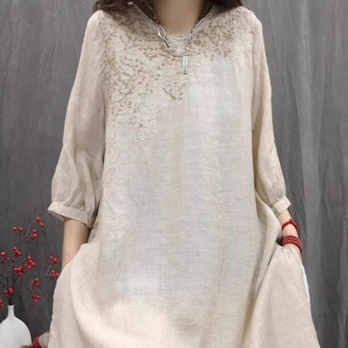 2025年夏季新款復古棉麻刺綉襯衫女士薄款寬鬆小衆開叉中長款上衣