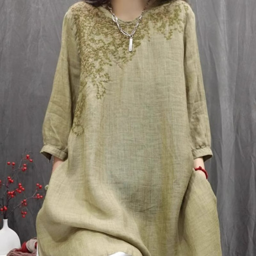 2025年夏季新款復古棉麻刺綉襯衫女士薄款寬鬆小衆開叉中長款上衣