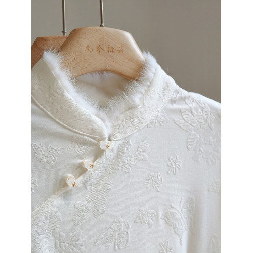 水貂毛立領斜襟新中式加絨打底衫修身國風長袖內搭白黑柔軟彈力冬