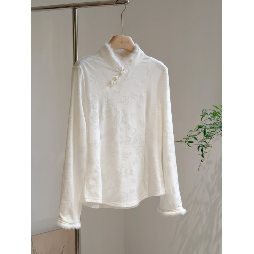 水貂毛立領斜襟新中式加絨打底衫修身國風長袖內搭白黑柔軟彈力冬