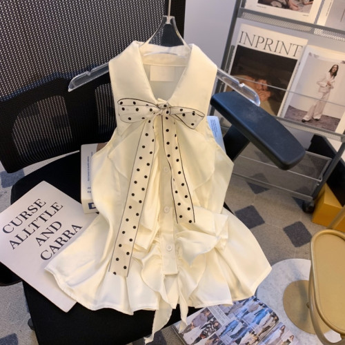 專櫃撤廻剪標法式絲巾蝴蝶結掛脖襯衫女2026夏季款無袖裙擺小上衣