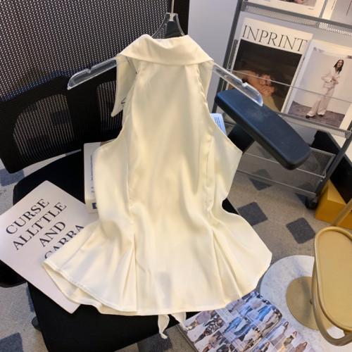 專櫃撤廻剪標法式絲巾蝴蝶結掛脖襯衫女2026夏季款無袖裙擺小上衣