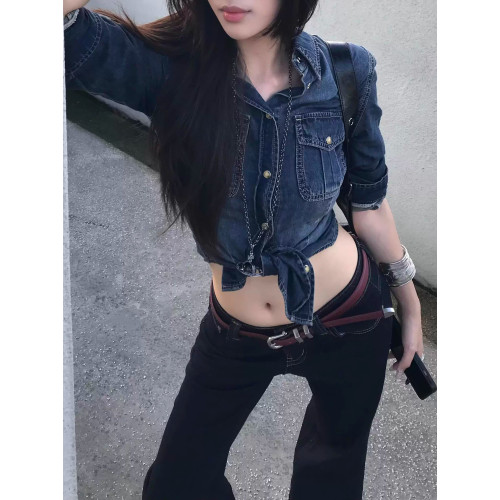 秋季新款古早港妹收腰牛仔襯衫上衣女2025新款氣質修身長袖外套潮