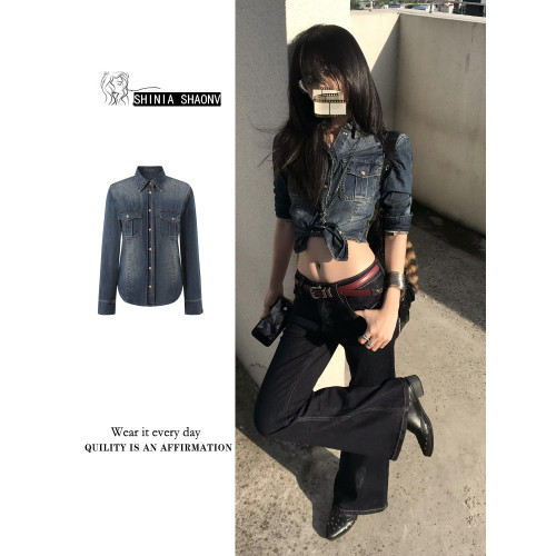 秋季新款古早港妹收腰牛仔襯衫上衣女2025新款氣質修身長袖外套潮