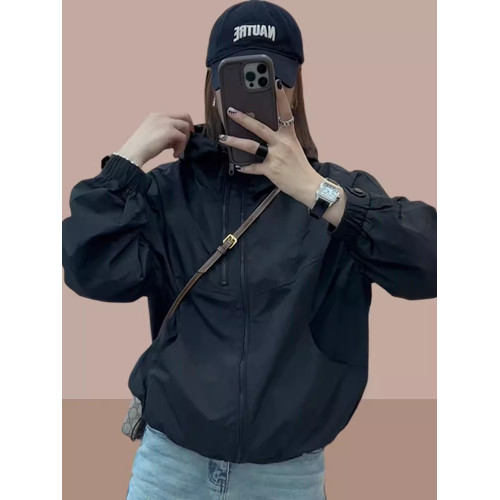 2025夏季新款休閒百搭防曬沖鋒衣小個子純色寬鬆連帽防曬服外套女