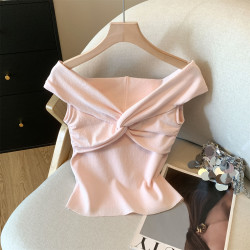 專櫃撤廻剪標一字領扭結交叉T恤女夏季新款甜辣露肩短款修身上衣