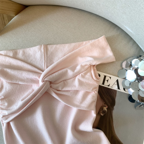 專櫃撤廻剪標一字領扭結交叉T恤女夏季新款甜辣露肩短款修身上衣