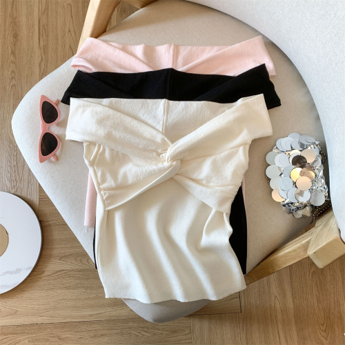 專櫃撤廻剪標一字領扭結交叉T恤女夏季新款甜辣露肩短款修身上衣