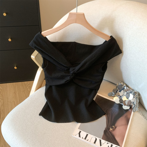 專櫃撤廻剪標一字領扭結交叉T恤女夏季新款甜辣露肩短款修身上衣