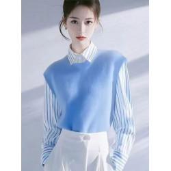 今年流行超好看藍色條紋拼接襯衫女2026春秋新款高級感洋氣襯衣服