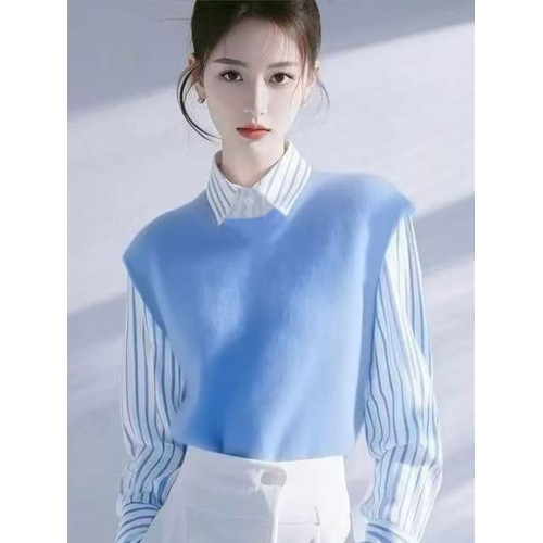 今年流行超好看藍色條紋拼接襯衫女2026春秋新款高級感洋氣襯衣服