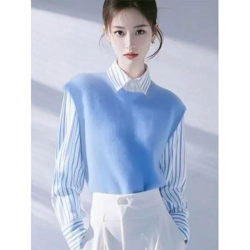 今年流行超好看藍色條紋拼接襯衫女2026春秋新款高級感洋氣襯衣服