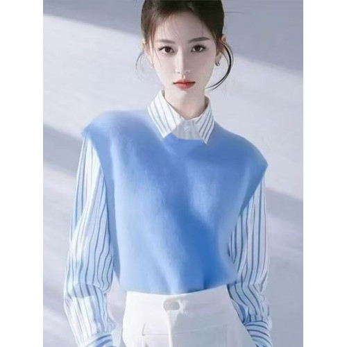 今年流行超好看藍色條紋拼接襯衫女2026春秋新款高級感洋氣襯衣服