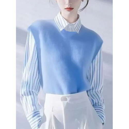 今年流行超好看藍色條紋拼接襯衫女2026春秋新款高級感洋氣襯衣服