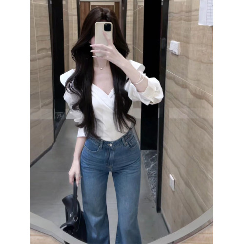 法式獨特超好看單穿白色繙領長袖襯衫高級小資氣質小上衣2025秋季