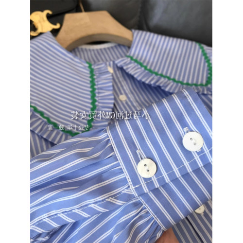 專櫃撤廻剪標撞色條紋娃娃領藍色襯衫女春季新款寬鬆顯瘦長袖上衣