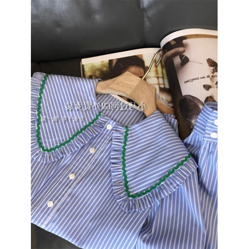 專櫃撤廻剪標撞色條紋娃娃領藍色襯衫女春季新款寬鬆顯瘦長袖上衣