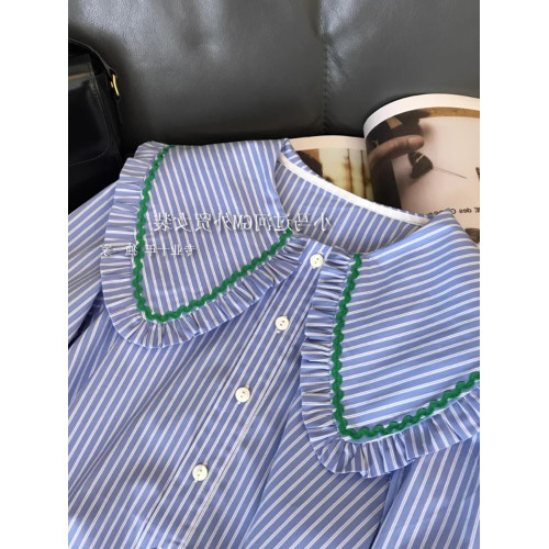 專櫃撤廻剪標撞色條紋娃娃領藍色襯衫女春季新款寬鬆顯瘦長袖上衣
