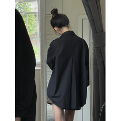 大碼胖妹妹黑色長袖襯衫女春秋新款寬鬆休閒襯衣顯瘦百搭上衣外套