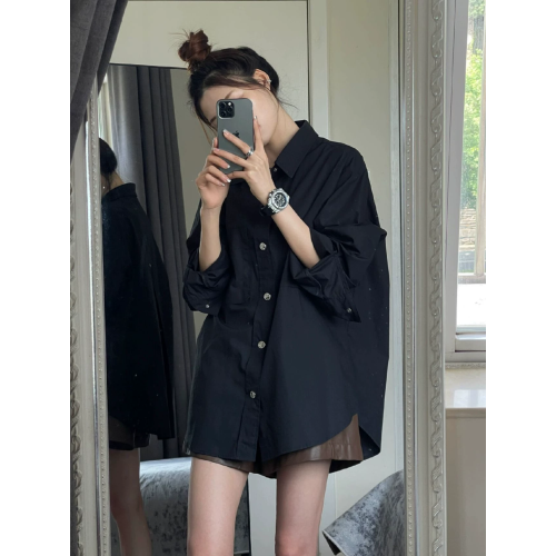 大碼胖妹妹黑色長袖襯衫女春秋新款寬鬆休閒襯衣顯瘦百搭上衣外套