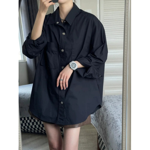 大碼胖妹妹黑色長袖襯衫女春秋新款寬鬆休閒襯衣顯瘦百搭上衣外套