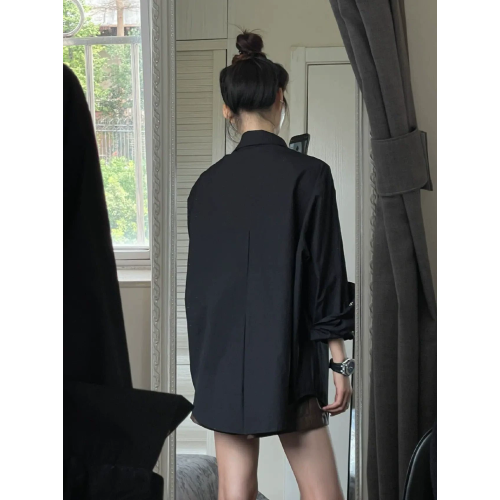 大碼胖妹妹黑色長袖襯衫女春秋新款寬鬆休閒襯衣顯瘦百搭上衣外套