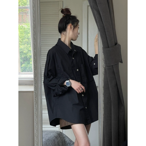 大碼胖妹妹黑色長袖襯衫女春秋新款寬鬆休閒襯衣顯瘦百搭上衣外套
