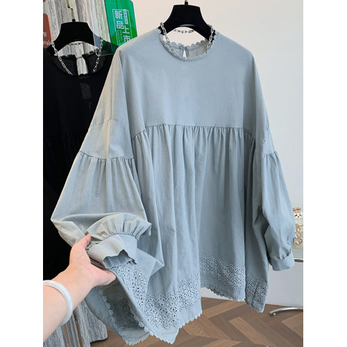 韓系刺綉花邊棉麻泡泡袖襯衫女秋季減齡休閒遮肚套頭寬鬆大版上衣