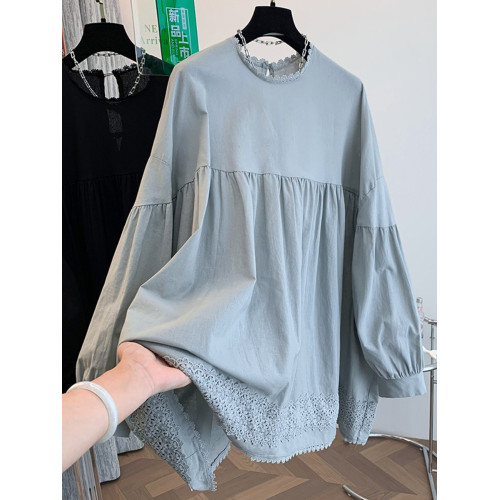 韓系刺綉花邊棉麻泡泡袖襯衫女秋季減齡休閒遮肚套頭寬鬆大版上衣