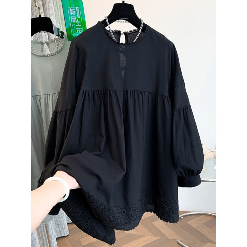 韓系刺綉花邊棉麻泡泡袖襯衫女秋季減齡休閒遮肚套頭寬鬆大版上衣