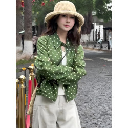 復古綠色波點polo領長袖襯衫女2025新款早春寬鬆顯瘦短款防曬上衣
