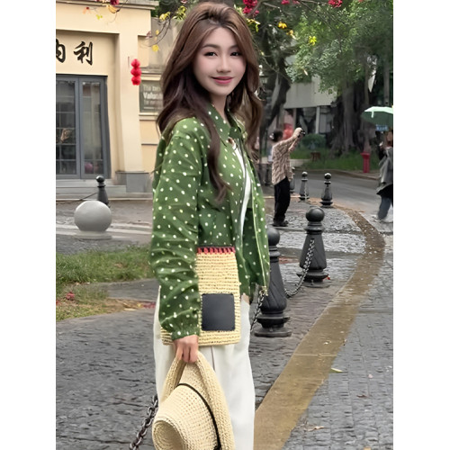 復古綠色波點polo領長袖襯衫女2025新款早春寬鬆顯瘦短款防曬上衣