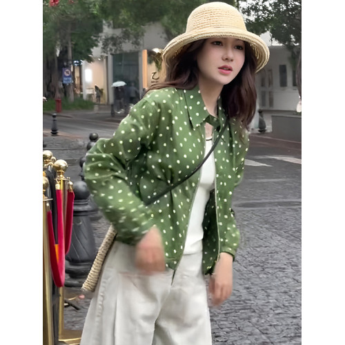 復古綠色波點polo領長袖襯衫女2025新款早春寬鬆顯瘦短款防曬上衣