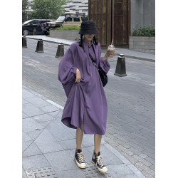 韓國春秋寬鬆大碼長袖襯衫女襯衣外套中長款過膝連衣裙設計感小衆