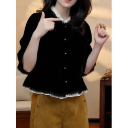 大碼法式絲絨假兩件蕾絲襯衫女2026早春新款胖mm寬鬆氣質小衫上衣