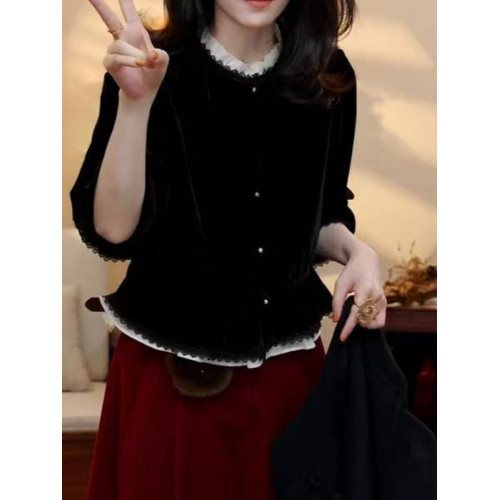 大碼法式絲絨假兩件蕾絲襯衫女2026早春新款胖mm寬鬆氣質小衫上衣