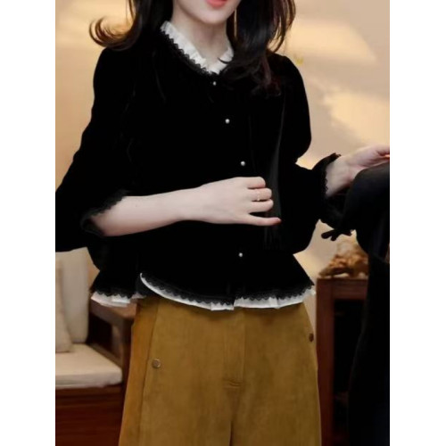 大碼法式絲絨假兩件蕾絲襯衫女2026早春新款胖mm寬鬆氣質小衫上衣