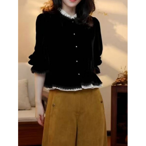 大碼法式絲絨假兩件蕾絲襯衫女2026早春新款胖mm寬鬆氣質小衫上衣